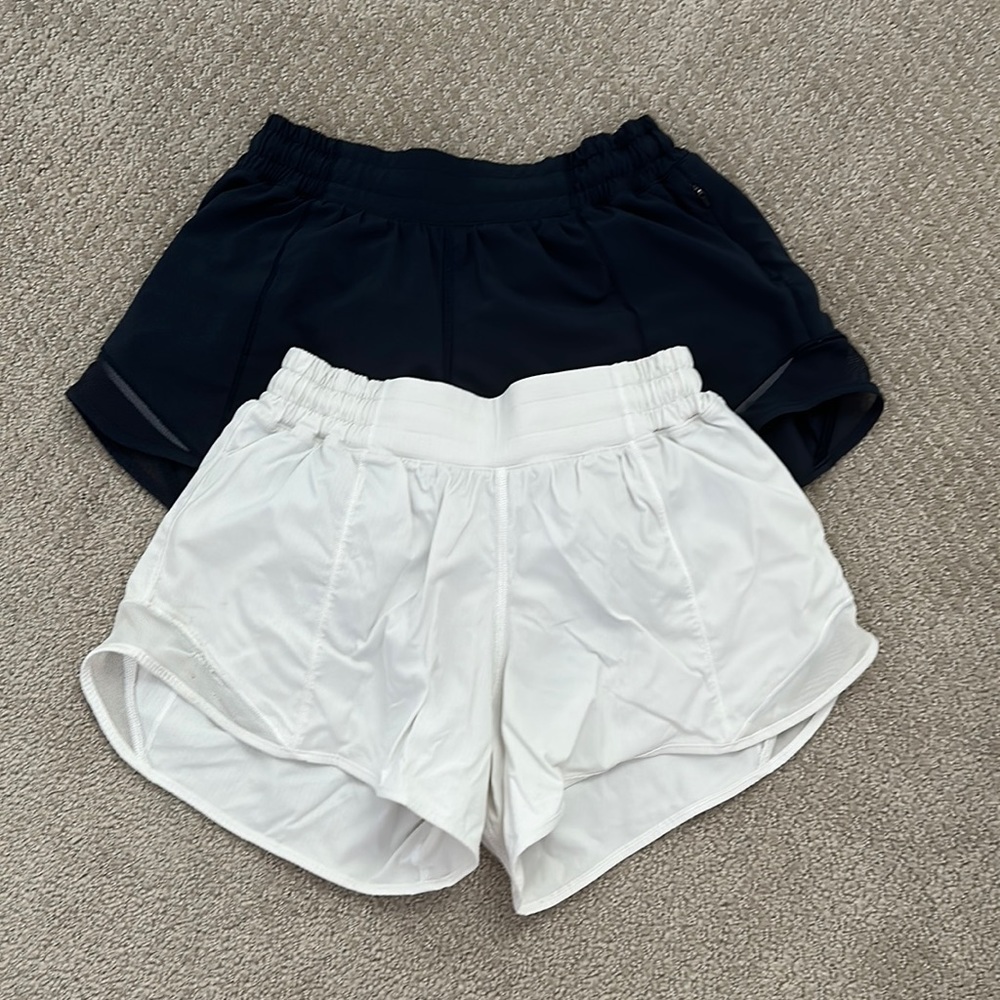 Navy and white Lululemon Hotty Hot 4 inch shorts
